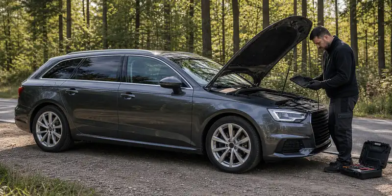 naprawa AdBlue Audi samochód z otwartą maską na drodze