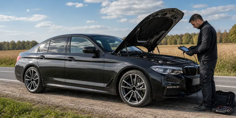 naprawa AdBlue BMW samochód z otwartą maską na drodze