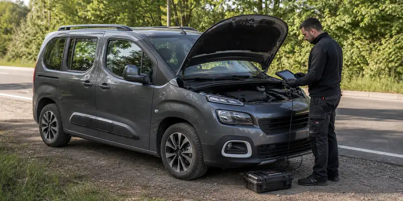 naprawa AdBlue Citroen samochód z otwartą maską na drodze