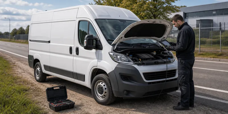 naprawa AdBlue Fiat Iveco samochód dostawczy z otwartą maską na drodze