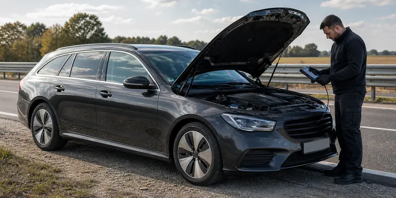 naprawa AdBlue Mercedes samochód z otwartą maską na drodze
