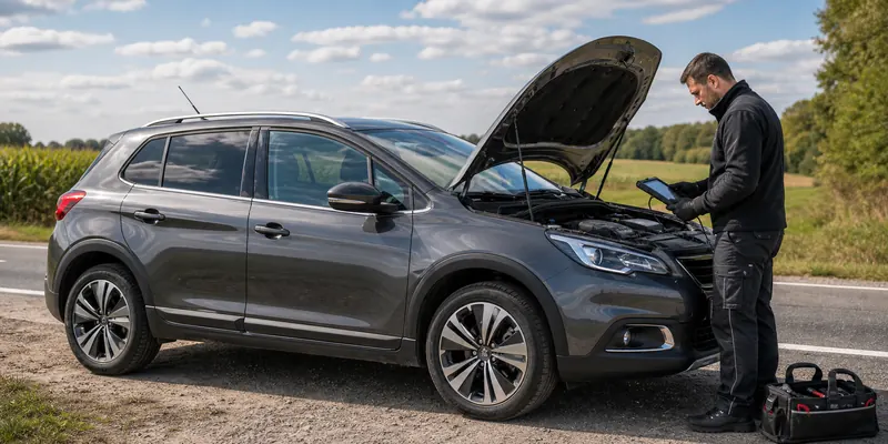 naprawa AdBlue Peugeot samochód z otwartą maską na drodze
