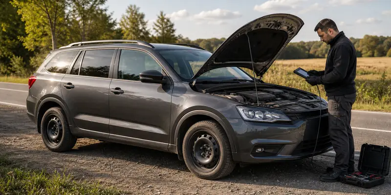 naprawa AdBlue Toyota samochód z otwartą maską na drodze