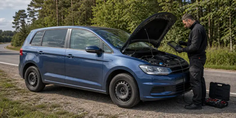 naprawa AdBlue VW samochód z otwartą maską na drodze